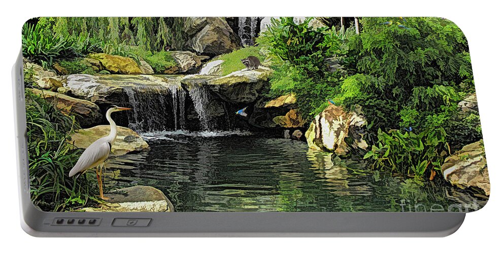Creek Portable Battery Charger featuring the digital art Small Creek Waterfall with wildlife by Walter Colvin