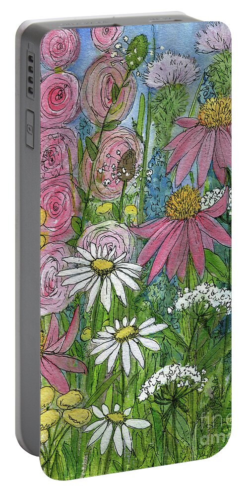Garden Portable Battery Charger featuring the painting Smiling Flowers by Laurie Rohner