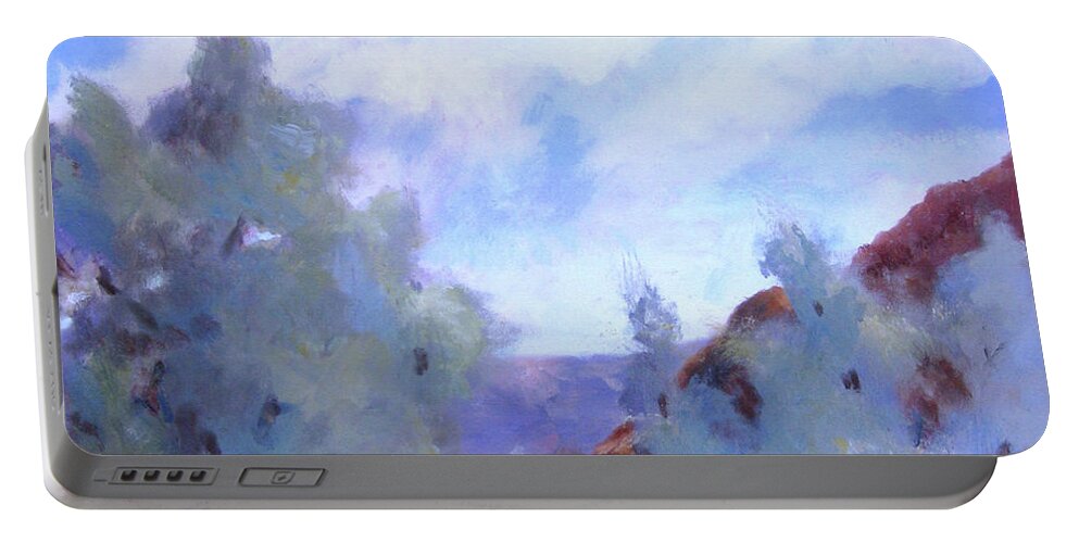 Landscape Portable Battery Charger featuring the painting Smoke Trees in Bloom in Palm Desert by Maria Hunt