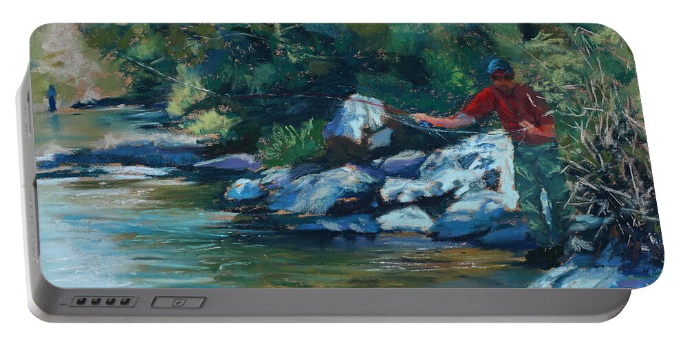Flyfishing Portable Battery Charger featuring the painting Sneaking Up on a Rainbow by Mary Benke