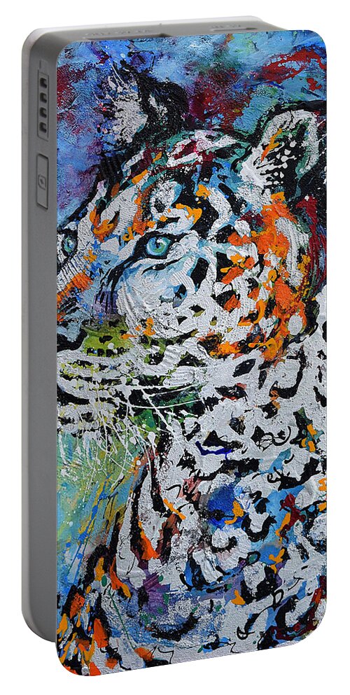 Leopard Portable Battery Charger featuring the painting Snow Leopard by Jyotika Shroff