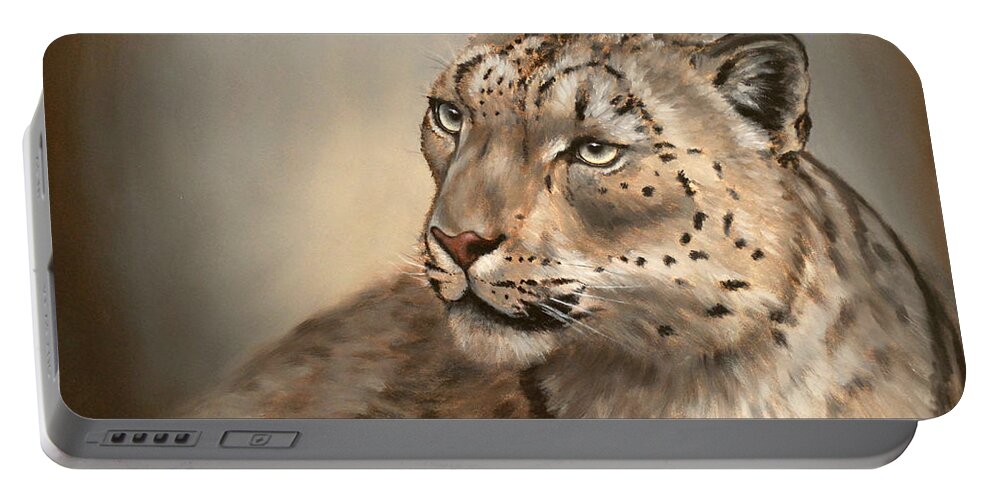 Oil Portable Battery Charger featuring the painting Snow Leopard by Linda Merchant