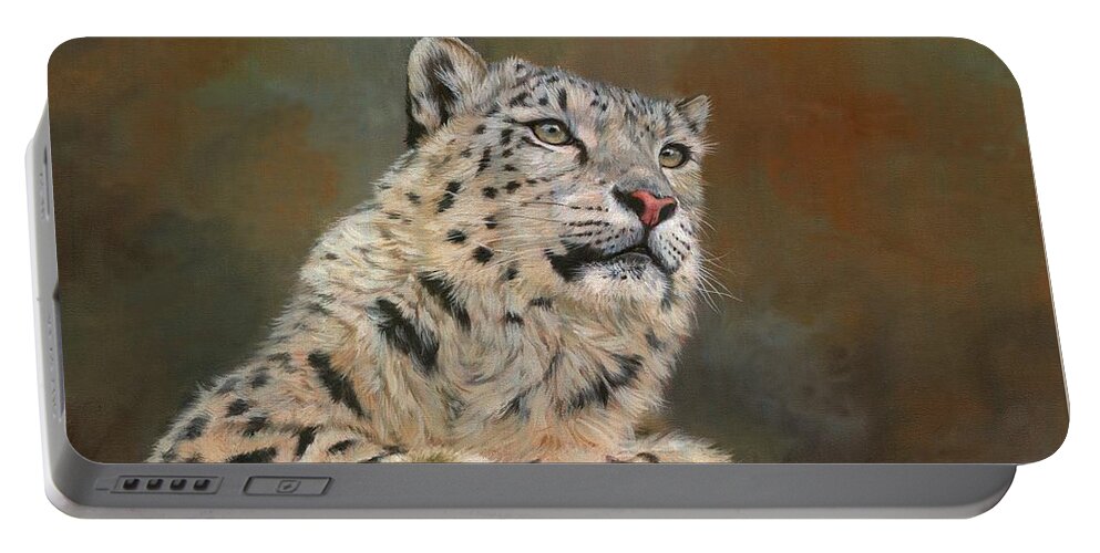 Snow Leopard Portable Battery Charger featuring the painting Snow Leopard on Rock by David Stribbling