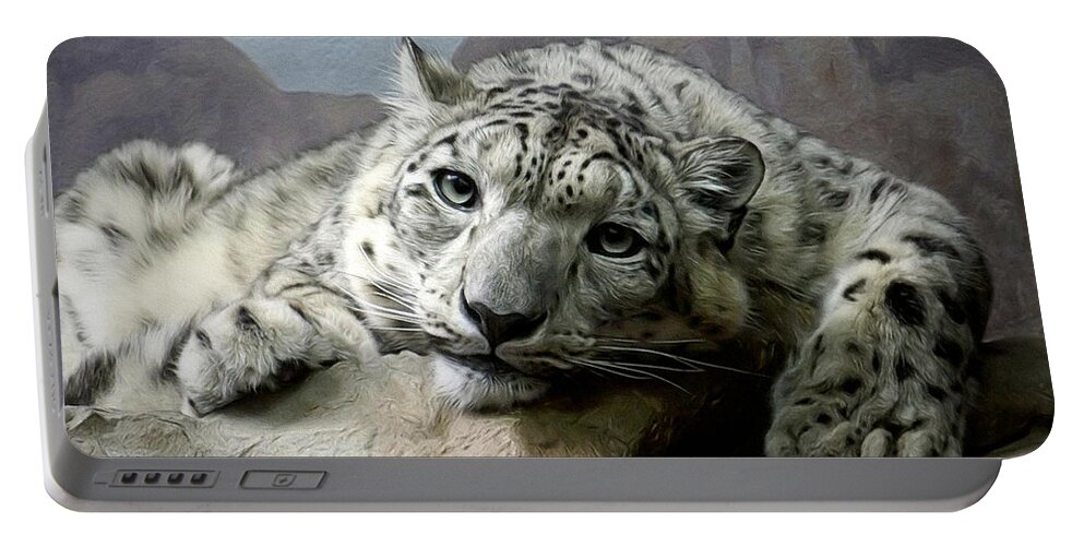 Snow Leopards Portable Battery Charger featuring the digital art Snow Leopard Relaxing Digital Art by Ernest Echols