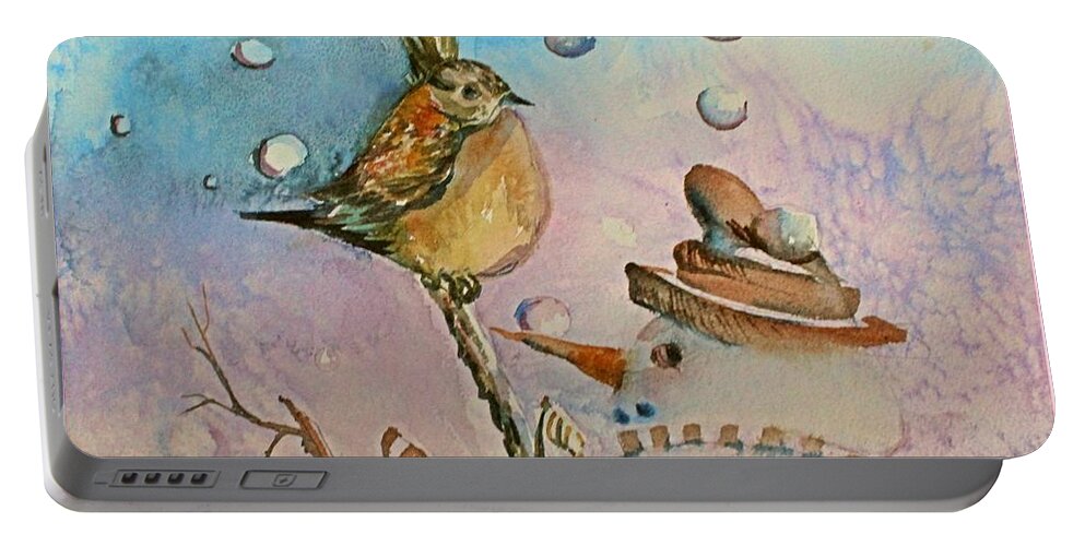 Bird Portable Battery Charger featuring the painting Frosty tosses Snowballs at the Bird. by Mindy Newman