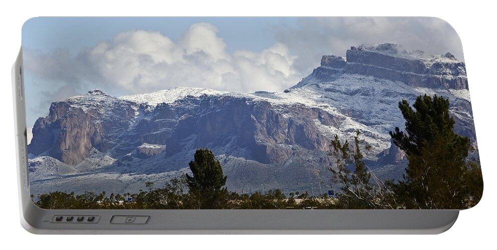Arizona Portable Battery Charger featuring the photograph Snow on Superstitions by Kathy McClure