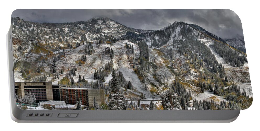 Panoramic Portable Battery Charger featuring the photograph Snowbird Early Snow in Fall Panoramic by Brett Pelletier