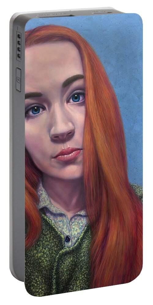 Redhead Portable Battery Charger featuring the painting Snowflake in Red by James W Johnson