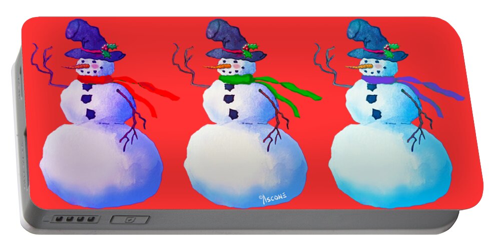 Snowmen Apparel Design Portable Battery Charger featuring the painting Snowmen apparel design by Teresa Ascone