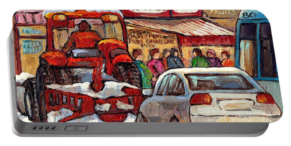 Montreal Portable Battery Charger featuring the painting Snowplow Winter Scene Painting For Sale 80 Bus To Schwartz Deli C Spandau Richstone Warshaw Art   by Carole Spandau