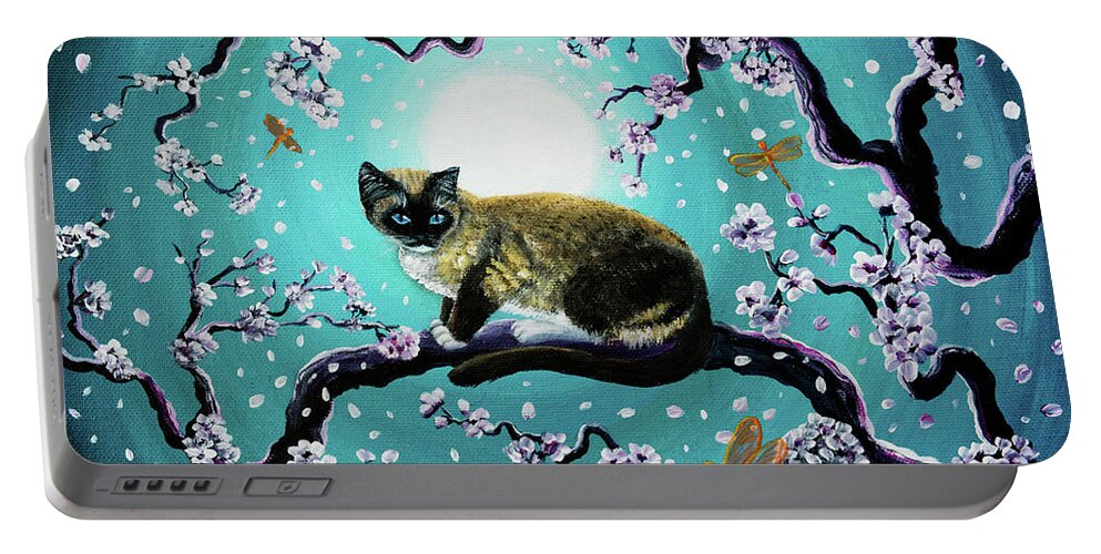 Siamese Portable Battery Charger featuring the painting Snowshoe Cat and Dragonfly in Sakura by Laura Iverson