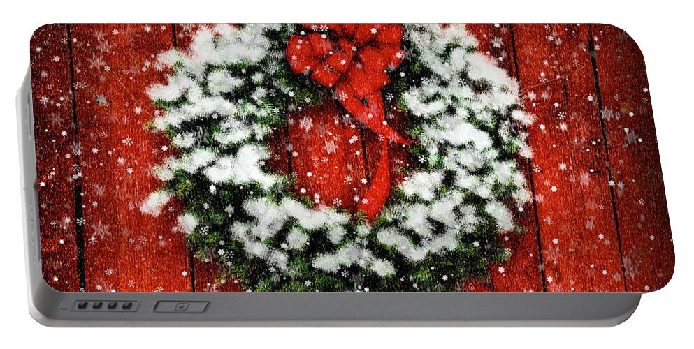 Christmas Portable Battery Charger featuring the photograph Snowy Christmas Wreath by Lois Bryan