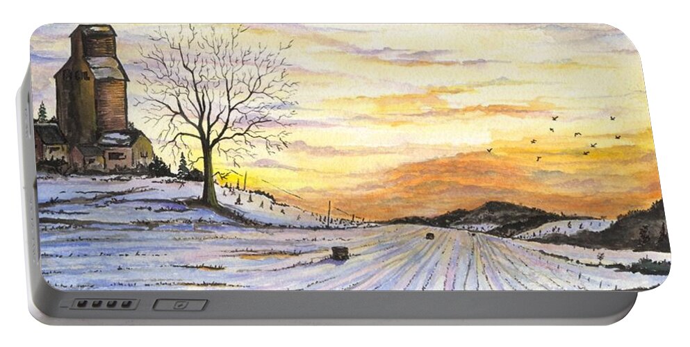 Agriculture Portable Battery Charger featuring the digital art Snowy Farm by Darren Cannell