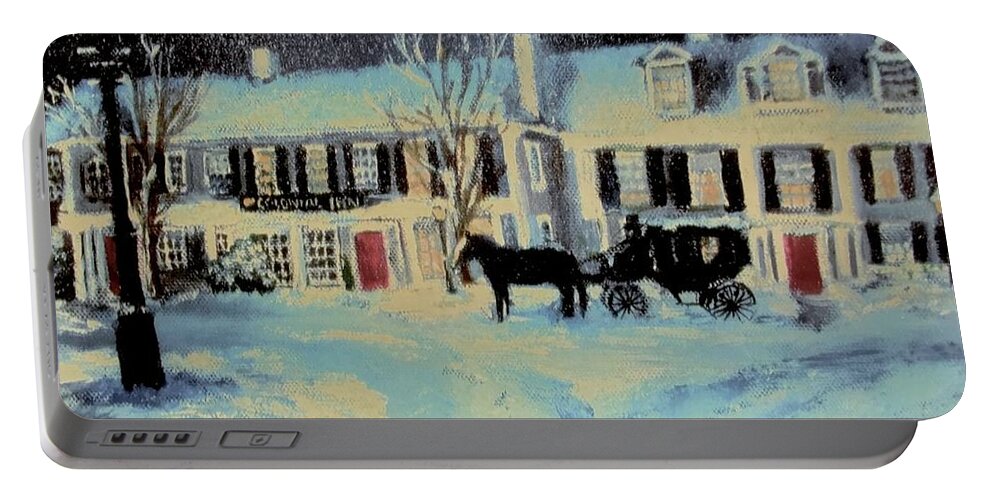 Snowy Night Portable Battery Charger featuring the painting Snowy Night At The Inn by Jack Skinner