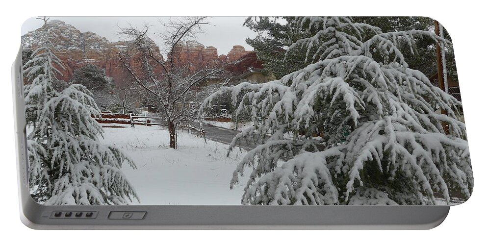 Sedona Portable Battery Charger featuring the photograph Snowy Sedona Red Rocks by Mars Besso
