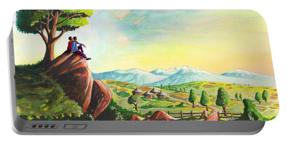 Landscape Portable Battery Charger featuring the painting So this is Home? by Anthony Mwangi