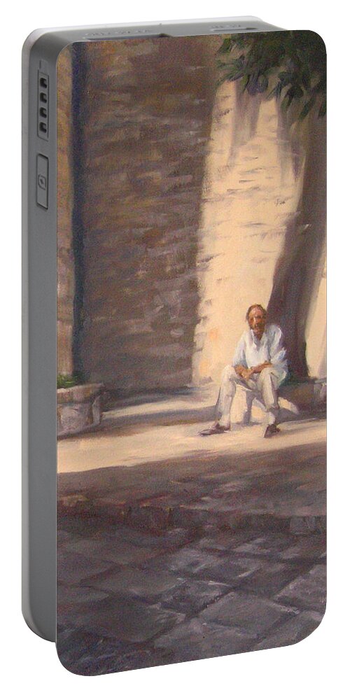 France Portable Battery Charger featuring the painting Soaking Up the Autumn Sun by Connie Schaertl
