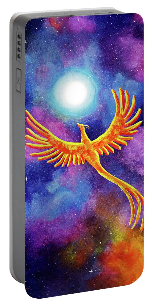 Fantasy Portable Battery Charger featuring the painting Soaring Firebird in a Cosmic Sky by Laura Iverson