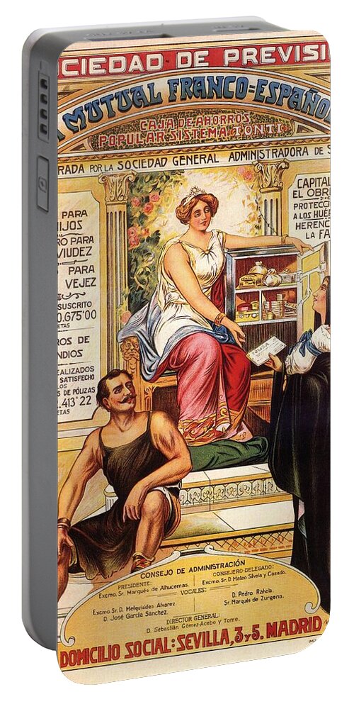 Vintage Portable Battery Charger featuring the mixed media Sociedad de Prevision - Spanish - Vintage Advertising Poster by Studio Grafiikka