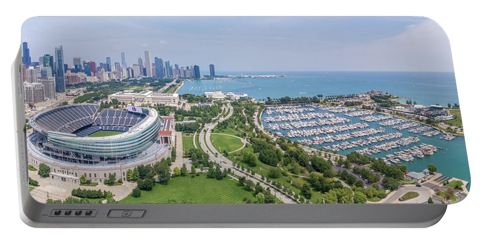 Burnham Harbor Portable Battery Charger featuring the photograph Soldier Field Panorama by Sebastian Musial