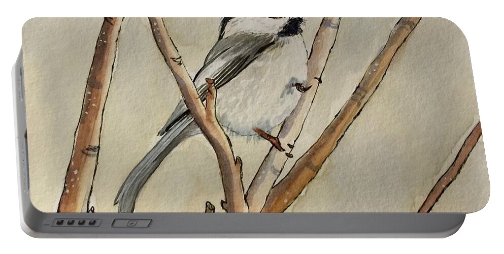 Chickadee Portable Battery Charger featuring the mixed media Solitude by Sonja Jones