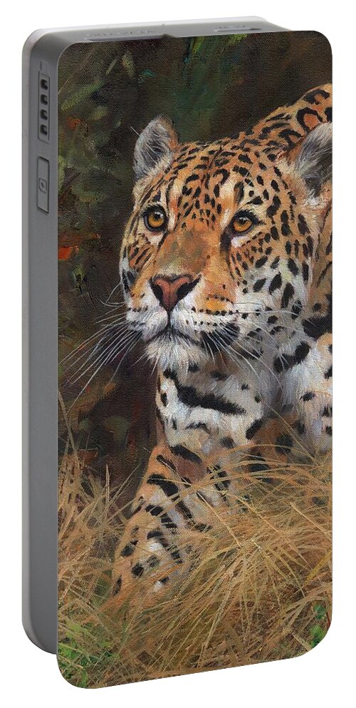 Jaguar Portable Battery Charger featuring the painting South American Jaguar Big Cat by David Stribbling