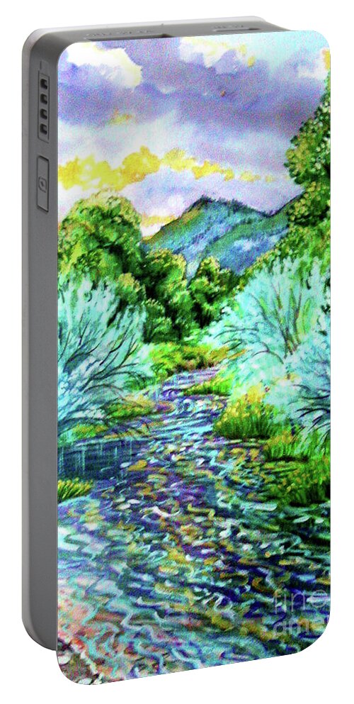 South Platte River At Spring Run Off Life Blood Of Denver Colorado Purples Teal Blues Greens Reflections Yellow Portable Battery Charger featuring the painting South Platte River by Annie Gibbons