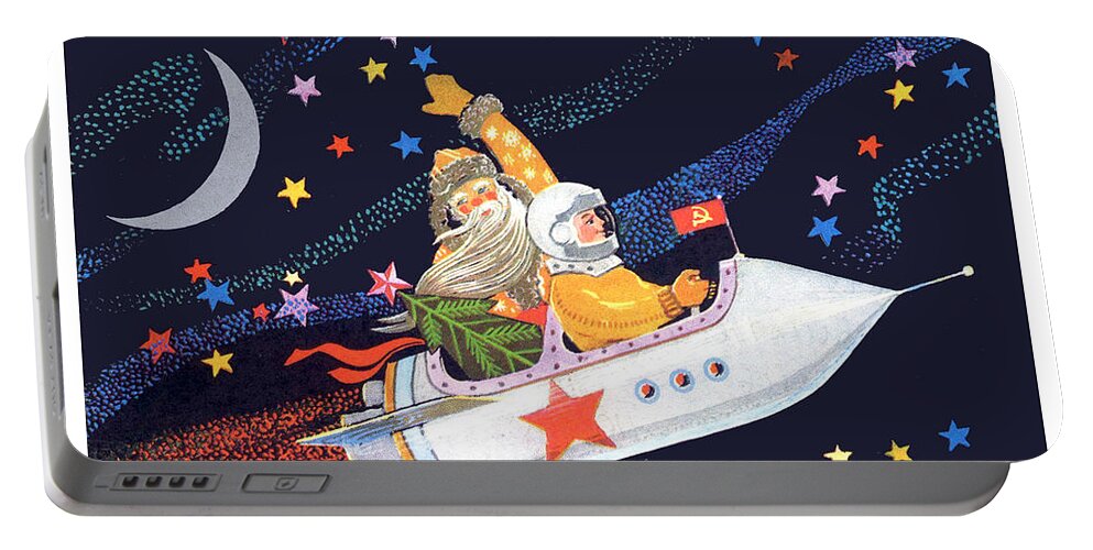 Soviet Astronaut Portable Battery Charger featuring the painting Soviet astronaut fly in rocket together with Santa by Long Shot