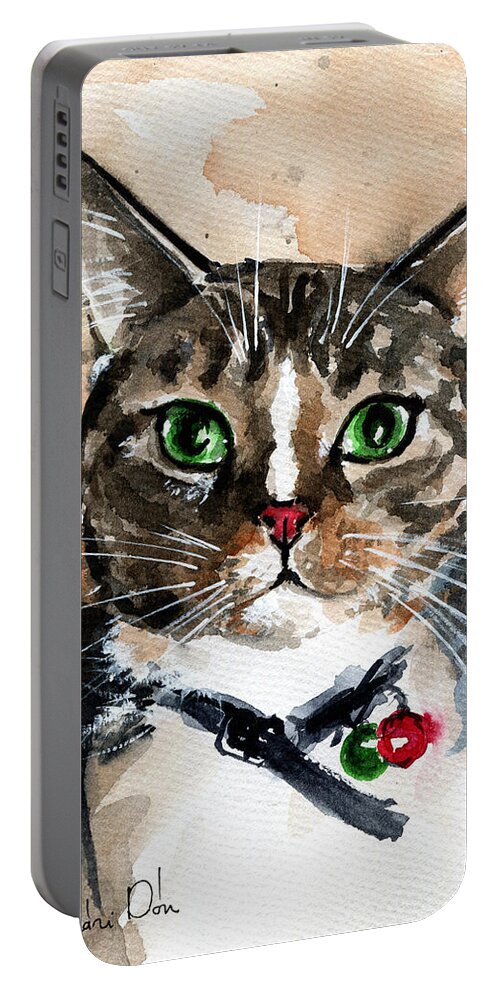Cat Portable Battery Charger featuring the painting Sox the Rescued Tabby Cat by Dora Hathazi Mendes