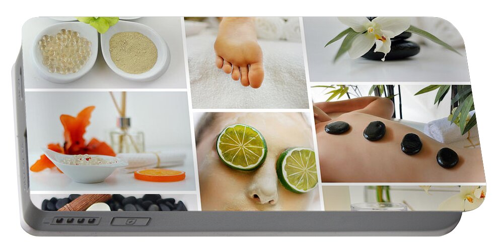 Spa Massage Facial Collage Including: Sea Salt Portable Battery Charger featuring the photograph Spa Massage Facial Collage by Serena King