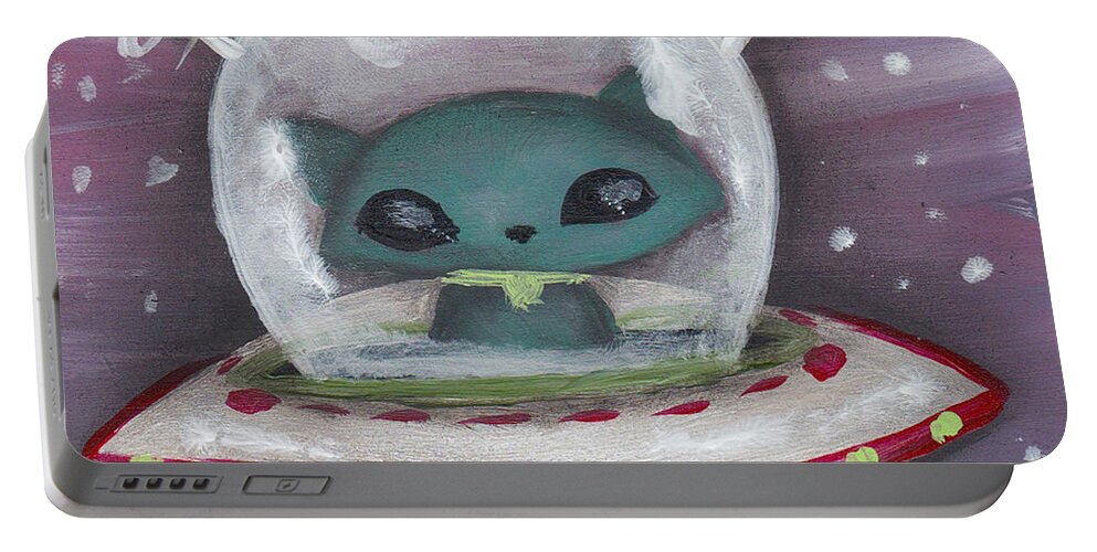 Mid Century Modern Portable Battery Charger featuring the painting Space Cat Alien by Abril Andrade