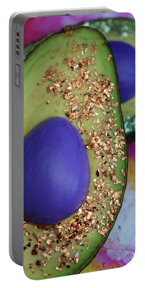 Spaceocados Space Avocado Portable Battery Charger featuring the mixed media Spaceocados 2 by Judy Henninger