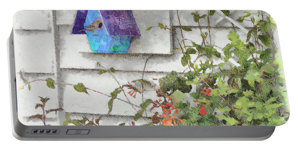 Nest Portable Battery Charger featuring the digital art Sparrow At Home by Leslie Montgomery