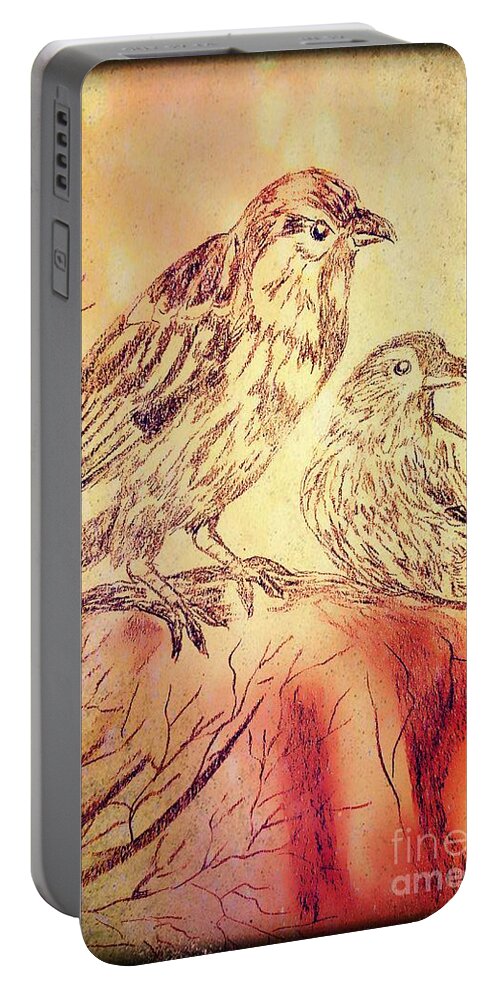 Sparrows 2 Portable Battery Charger featuring the mixed media Sparrows 2 by Maria Urso