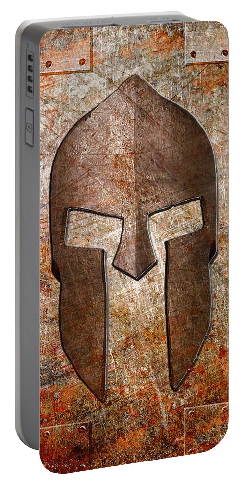 Spartan Portable Battery Charger featuring the digital art Spartan Helmet on Rusted Riveted Metal Sheet by Fred Ber