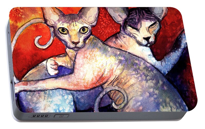 Sphynx Cat Picture Portable Battery Charger featuring the painting Sphynx cats sphinx family painting by Svetlana Novikova