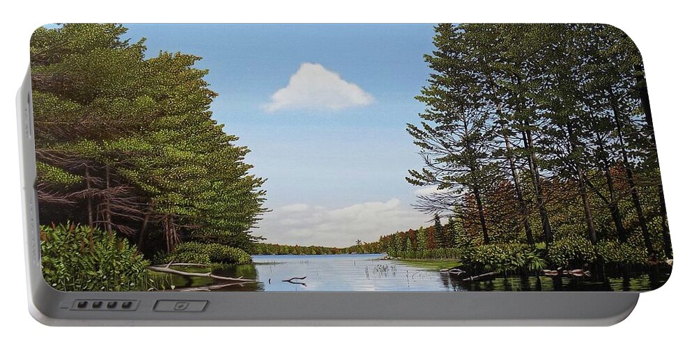 Spider Lake Portable Battery Charger featuring the painting Spider Lake Pond by Kenneth M Kirsch