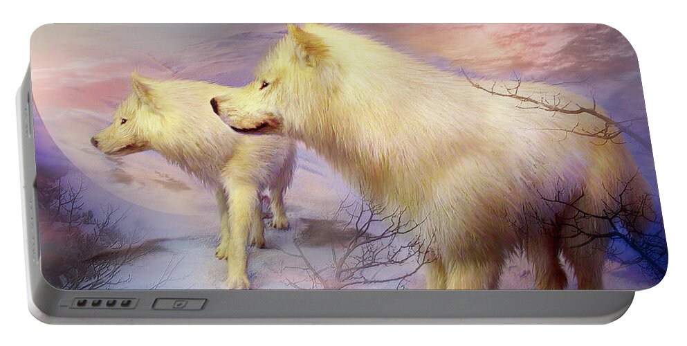 White Wolf Portable Battery Charger featuring the mixed media Spirit Of The White Wolf by Carol Cavalaris