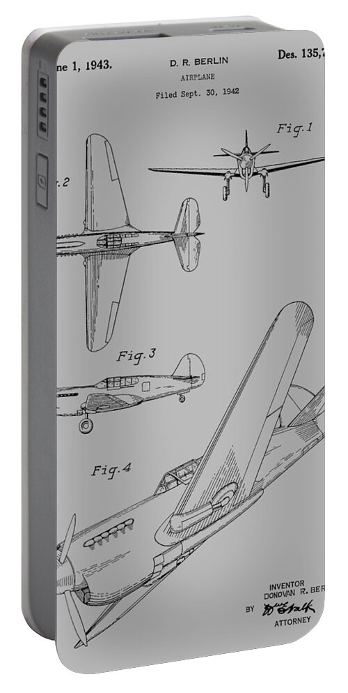 Vintage; Artwork; Spitfire; Airplane; Ww2; Toy; Aviation; Old; War; Plane; Invention; Fashion; Design; Abstract; Brand; T-shirt; Hoodies; Patent Illustration; Crafts; Blueprint; Collectable; Vintage Patent; Nostalgia; Technical Illustration; Patent Drawing; Exclusive Rights; Rights; Drawing; Illustration; Presentation; Vintage; Gift; Diagram; Antique; Patentee; Men's; Men; Women; Women's; Boy; Girl; Patent Application; Home Decor; Grunge; Distress; Parchment; Old; Graphic; Chris Smith Portable Battery Charger featuring the photograph Spitfire Airplane Patent 1942 by Chris Smith