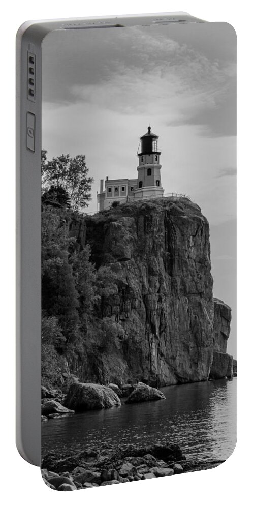 Duluth Portable Battery Charger featuring the photograph Split Rock Lighthouse BW by Penny Meyers