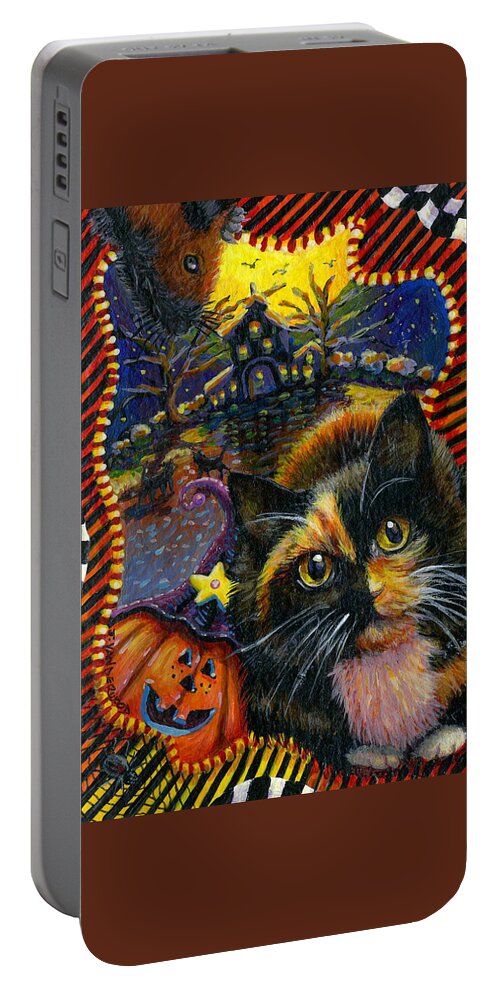 Cat Portable Battery Charger featuring the painting Spooky Autumn with My Friends by Jacquelin L Westerman