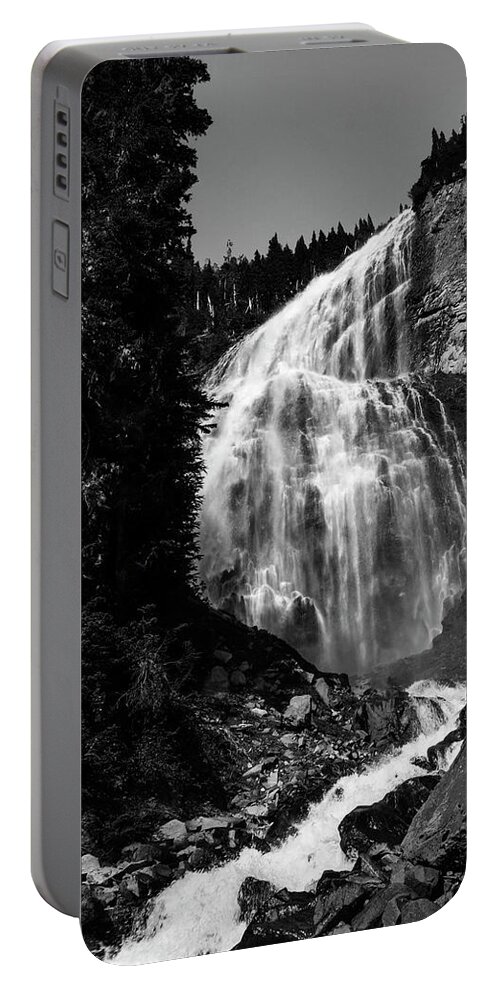 Majestic Portable Battery Charger featuring the photograph Spray Falls Black and White by Pelo Blanco Photo