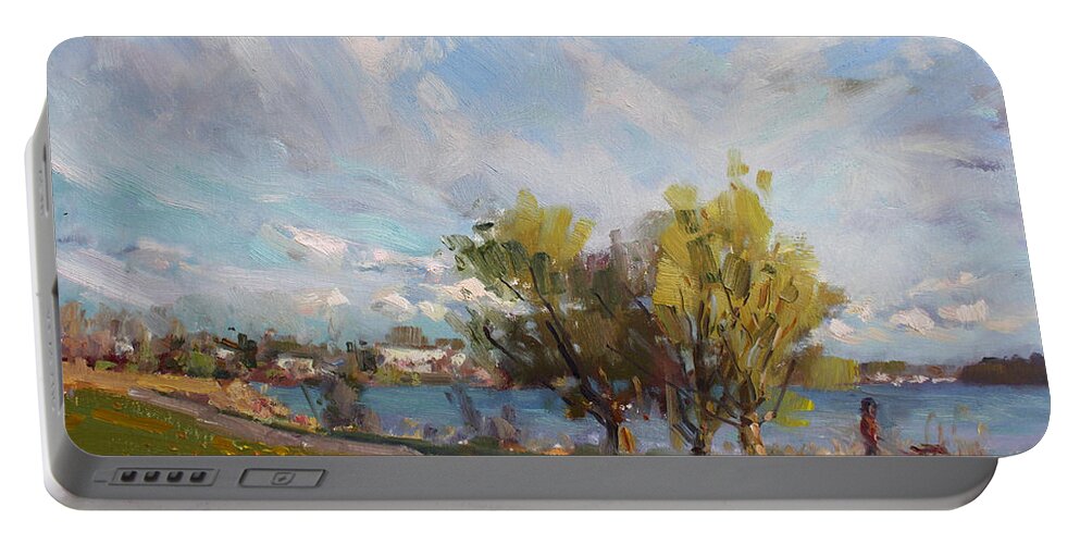Spring Portable Battery Charger featuring the painting Spring at Gratwick Waterfront Park by Ylli Haruni