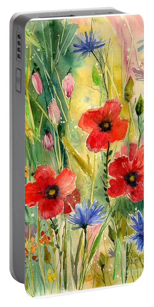 Red Portable Battery Charger featuring the painting Spring field by Suzann Sines