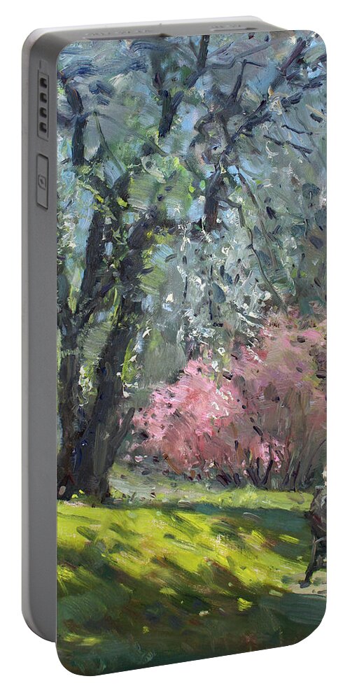 Spring Portable Battery Charger featuring the painting Spring in the Park by Ylli Haruni
