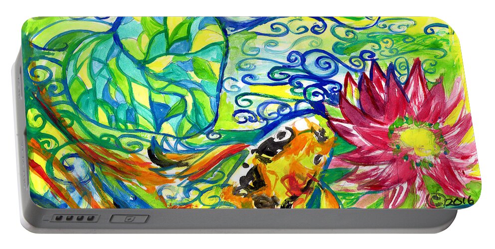 Koi Fish Portable Battery Charger featuring the painting Spring Koi Fish With Water Lily by Genevieve Esson