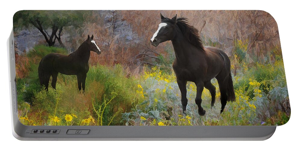 Black Horses Portable Battery Charger featuring the photograph Spring Play by Melinda Hughes-Berland