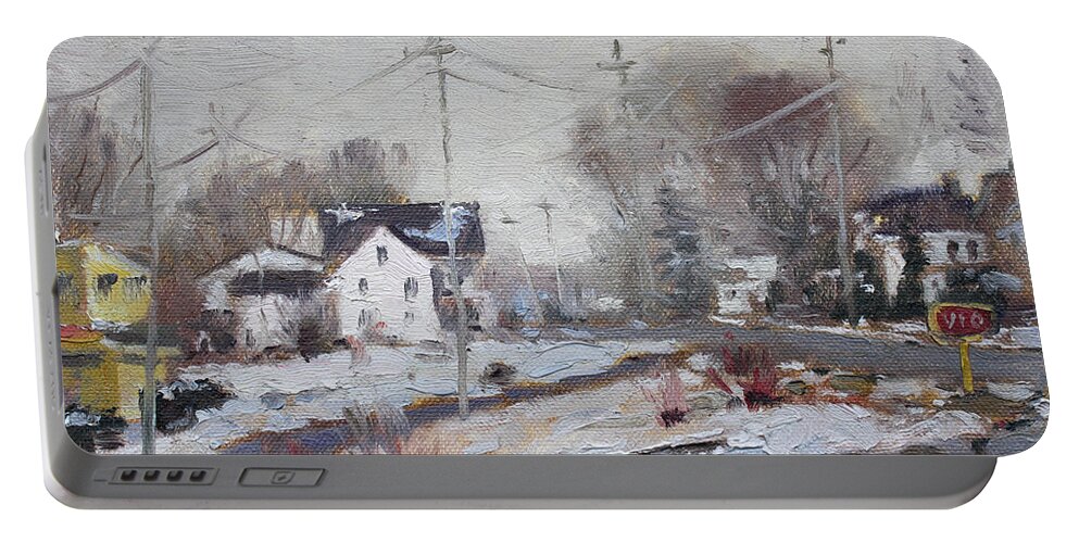 Spring Portable Battery Charger featuring the painting Spring Snowfall by Ylli Haruni