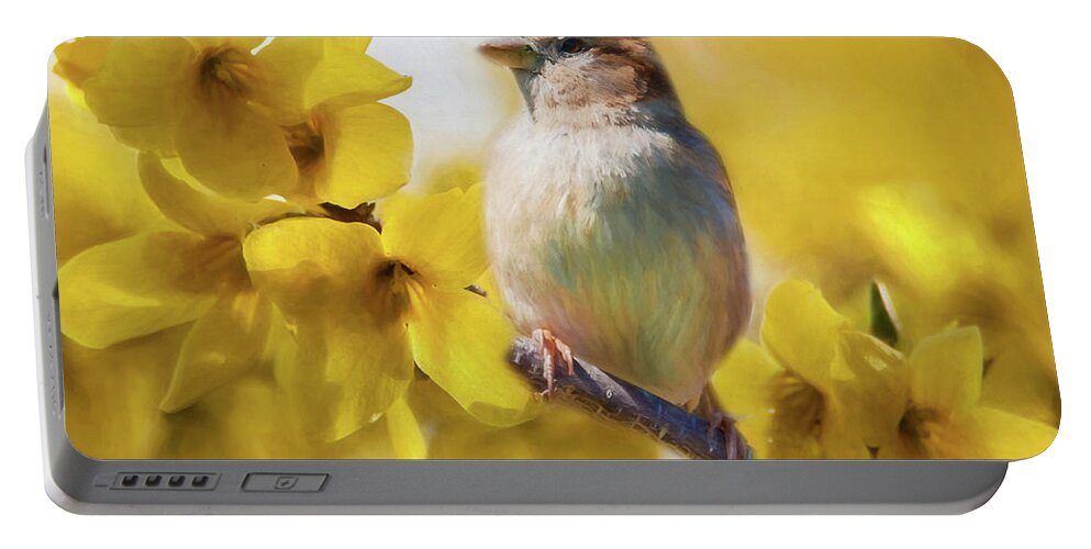Forsythia Portable Battery Charger featuring the photograph Spring Sparrow by Cathy Kovarik