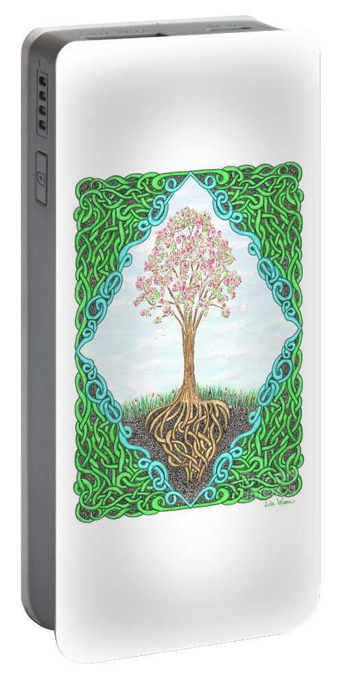 Lise Winne Portable Battery Charger featuring the drawing Spring Tree with Knotted Roots and Knotted Border by Lise Winne